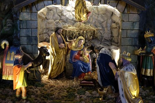 Nativity scene, creche, or crib, birth of Jesus in Parish Church of the Holy Blood in Graz, Styria, Austria