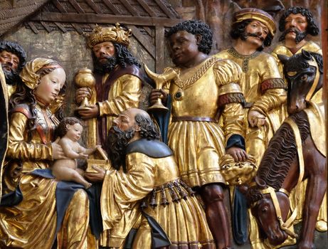 Nativity scene, adoration of the Magi, Maria am Berg church in Hallstatt, Austria.