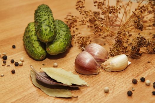 Bay leaves, pepper, dill, garlic - Ingredients for pickling