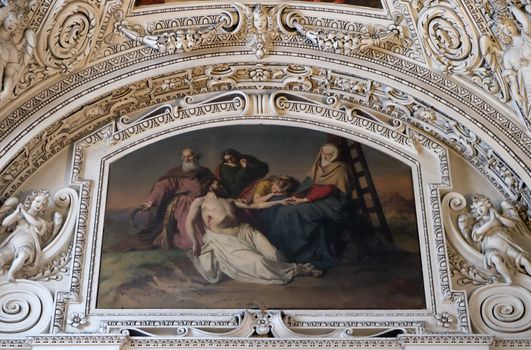 13th Stations of the Cross, Jesus' body is removed from the cross, fragment of the dome in Salzburg Cathedral in Salzburg, Austria.