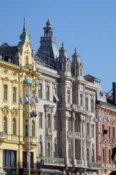 Facade of the old city buildings on Ban Jelacic Square in Zagreb, Croatia