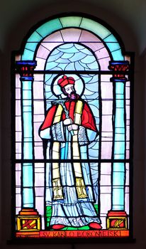 Saint Chaeles Borromeo, stained glass window in the Church of the Assumption of the Blessed Virgin Mary in Pakrac, Croatia