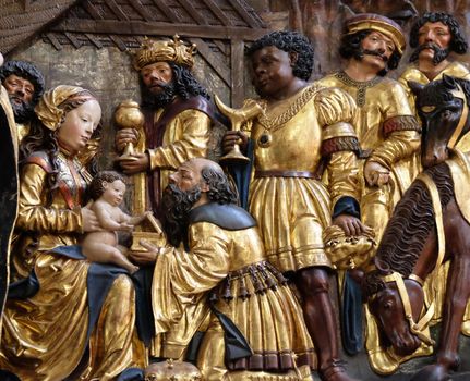 Nativity scene, adoration of the Magi, Maria am Berg church in Hallstatt, Austria.