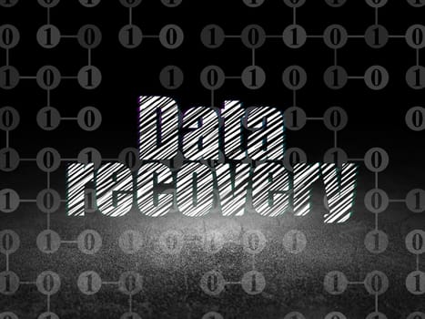 Data concept: Glowing text Data Recovery in grunge dark room with Dirty Floor, black background with Scheme Of Binary Code