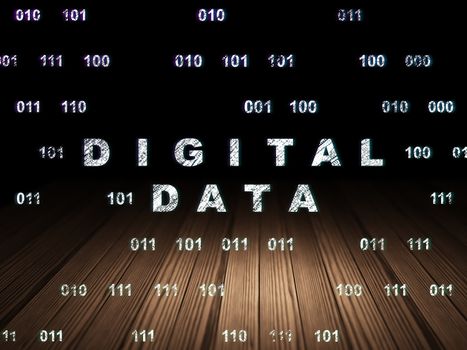 Information concept: Glowing text Digital Data in grunge dark room with Wooden Floor, black background with Binary Code