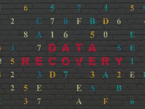 Information concept: Painted red text Data Recovery on Black Brick wall background with Hexadecimal Code