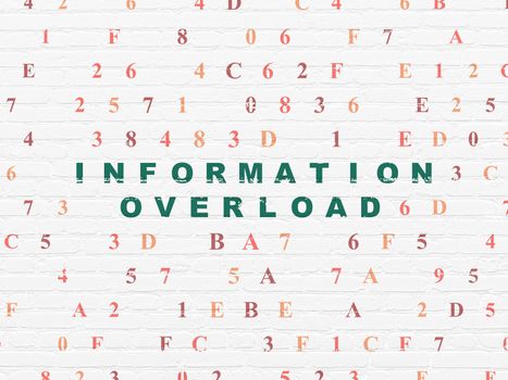 Information concept: Painted green text Information Overload on White Brick wall background with Hexadecimal Code