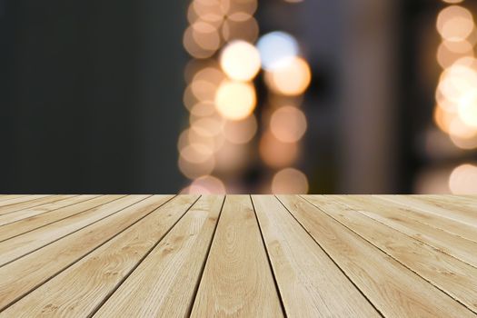 Perspective wood and bokeh light background. product display template