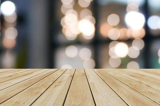 Perspective wood and bokeh light background. product display template