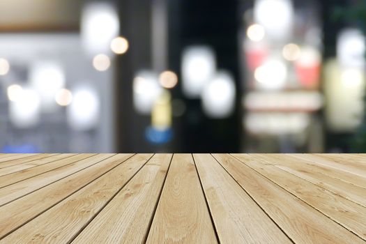 Perspective wood and bokeh light background. product display template