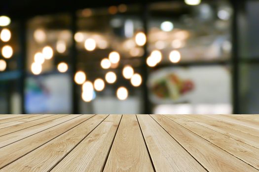 Perspective wood and bokeh light background. product display template