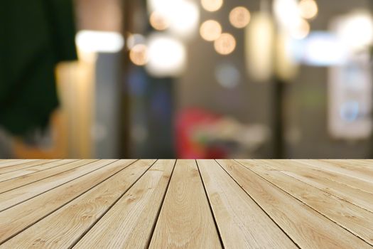 Perspective wood and bokeh light background. product display template