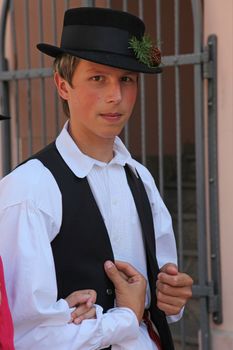 Croatian national costume from the village Strosinci, during the Dakovacki vezovi (Dakovo Summer Festival) on July 05, 2009 in Dakovo, Croatia.