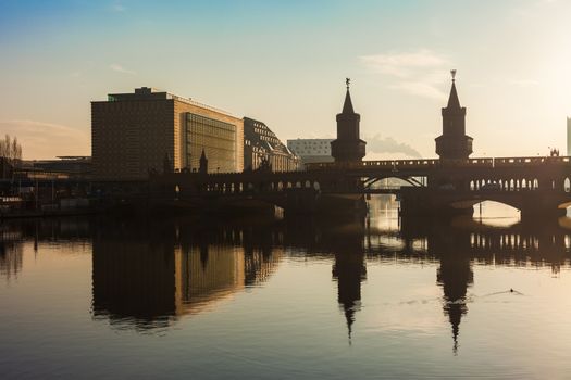 Oberbaum Bridge (Oberbaumbruecke) and Universal Music Building with River Spree, Berlin