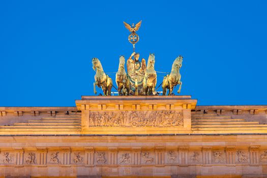 Quadriga detail view. Berlin's Brandenburg Gate (Brandenburger Tor) at dusk