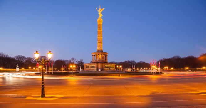 The Berlin Siegessaeule (Victory Column) in Tiergarten park, seen at twilight