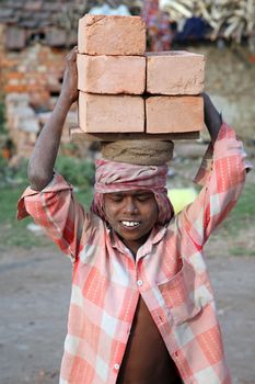 Brick field workers carrying complete finish brick from the kiln in Sarberia, West Bengal, India.