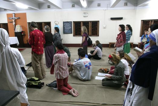 Sisters of The Missionaries of Charity of Mother Teresa at Mass in the chapel of the Mother House, Kolkata, India
