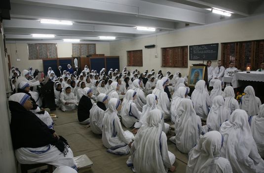 Sisters of The Missionaries of Charity of Mother Teresa at Mass in the chapel of the Mother House, Kolkata, India