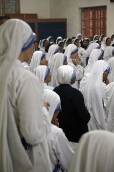 Sisters of The Missionaries of Charity of Mother Teresa at Mass in the chapel of the Mother House, Kolkata, India