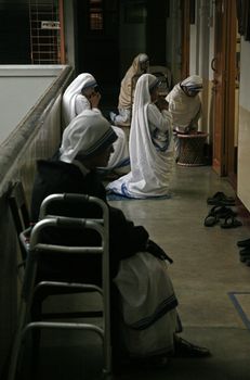 The Missionaries of Charity of Mother Teresa at Mass in the chapel of the Mother House, Kolkata, India