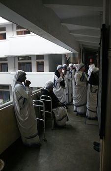 The Missionaries of Charity of Mother Teresa at Mass in the chapel of the Mother House, Kolkata, India