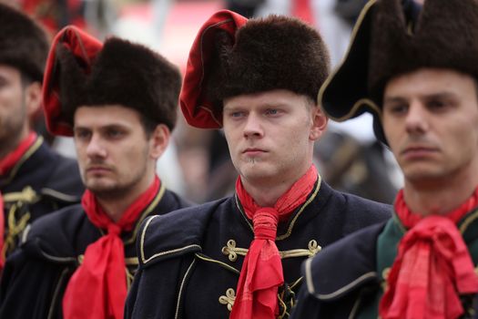 Guard of Honor of the Cravat Regiment popular tourist attraction in Zagreb. on October 04, 2014 in Zagreb.