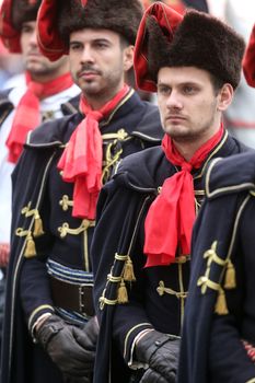 Guard of Honor of the Cravat Regiment popular tourist attraction in Zagreb. on October 04, 2014 in Zagreb.
