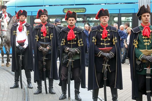 Guard of Honor of the Cravat Regiment popular tourist attraction in Zagreb. on October 04, 2014 in Zagreb.
