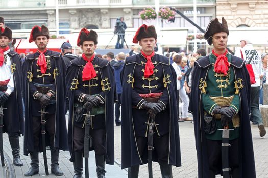 Guard of Honor of the Cravat Regiment popular tourist attraction in Zagreb. on October 04, 2014 in Zagreb.