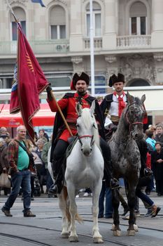 Guard of Honor of the Cravat Regiment popular tourist attraction in Zagreb. on October 04, 2014 in Zagreb.