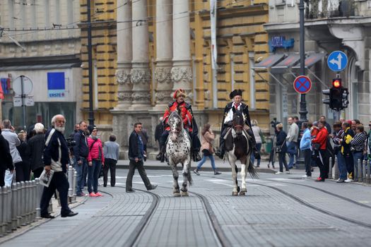 Guard of Honor of the Cravat Regiment popular tourist attraction in Zagreb. on October 04, 2014 in Zagreb.