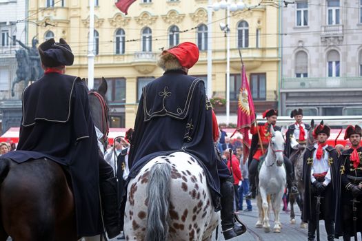 Guard of Honor of the Cravat Regiment popular tourist attraction in Zagreb. on October 04, 2014 in Zagreb.