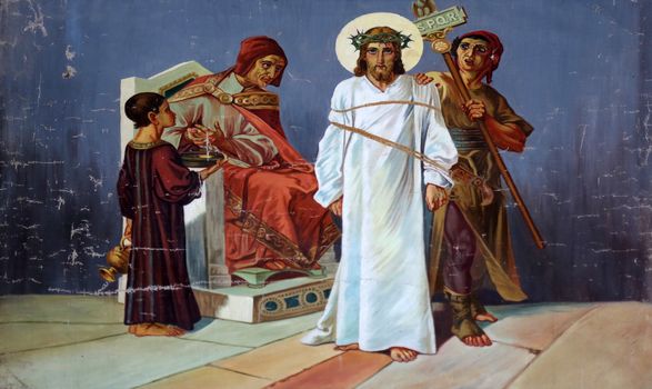 1st Stations of the Cross, Jesus is condemned to death, Church of St. Aloysius in in Travnik, Bosnia and Herzegovina