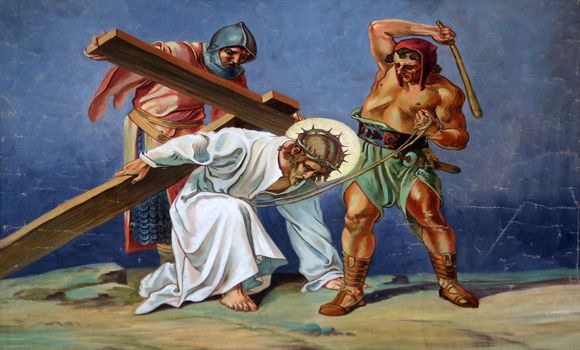 3rd Stations of the Cross, Jesus falls the first time, Church of St. Aloysius in in Travnik, Bosnia and Herzegovina