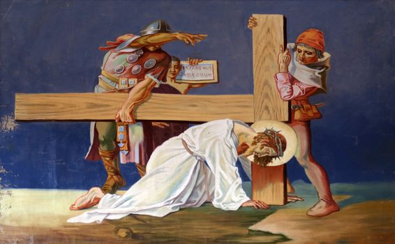 7th Stations of the Cross, Jesus falls the second time, Church of St. Aloysius in in Travnik, Bosnia and Herzegovina