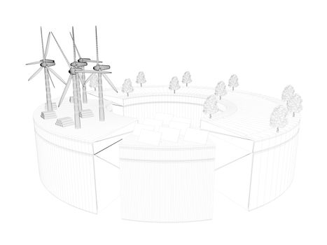 3d rendering of wireframed scene inside a white  scene with outlined lines