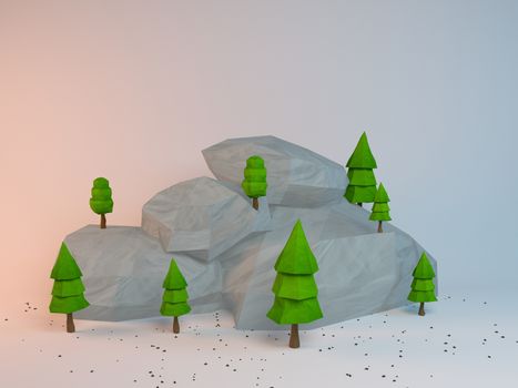 3d rendering of low poly stylized trees and rocks. Objects in the spot of soft light. Colorful cartoon geometric elements with realistic shadows on white background. 