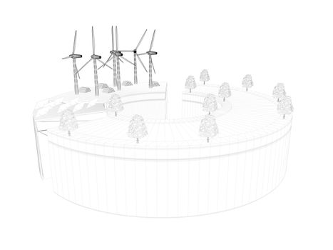 3d rendering of wireframed scene inside a white  scene with outlined lines