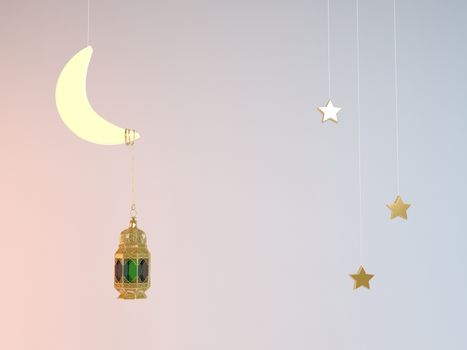 3d rendering Ramadan Kareem 3d illustration with a moon and a lantern attached to it