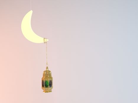 3d rendering Ramadan Kareem 3d illustration with a moon and a lantern attached to it