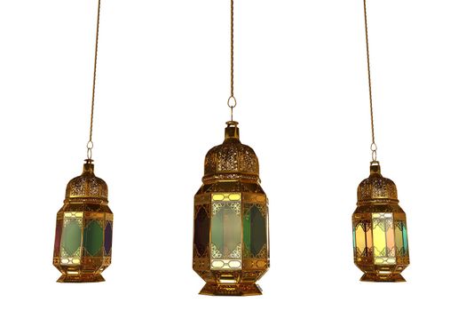 3d rendering of lanterns isolated on a white background painted in gold