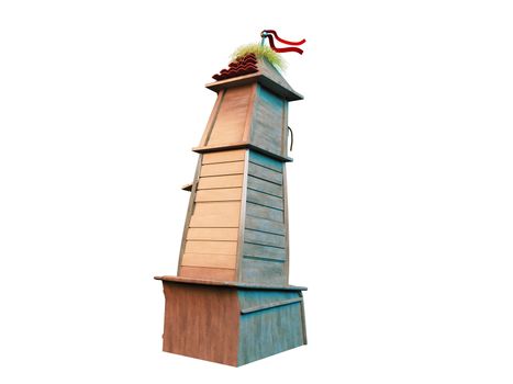 3d rendering of fantasy tower building with hay and woods and a red flag