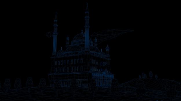 3d rendering of wireframed scene inside a black scene with outlined lines