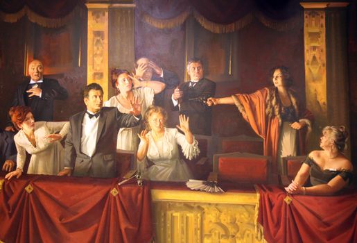 Murder of Todor Panica in the Burgtheater in Vienna painting by S.A. Kapitanovich, Museum of the Macedonian Struggle for sovereignty and independence in Skopje, Macedonia