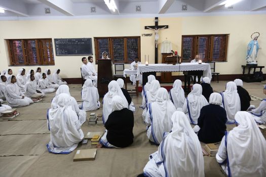 Sisters of The Missionaries of Charity of Mother Teresa at Mass in the chapel of the Mother House, Kolkata, India