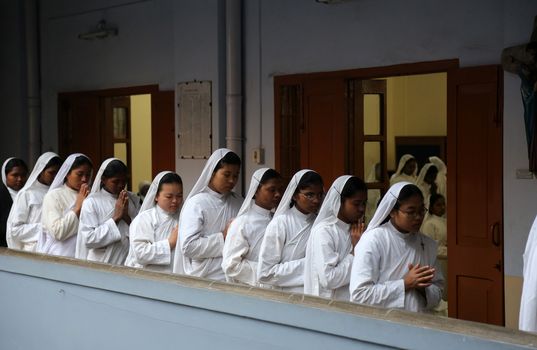 Sisters of The Missionaries of Charity of Mother Teresa at Mass in the chapel of the Mother House, Kolkata, India