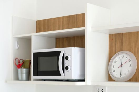 Microwave oven on shelf in modern pantry