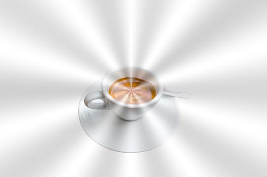 Cup of coffee on abstract silver star-shaped background.
Intentional blur. Focus on the center of the cup.