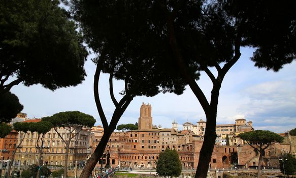 A panoramic view on Trajan's Market (Mercati Traianei) on the Via dei Fori Imperiali, in Rome, Italy